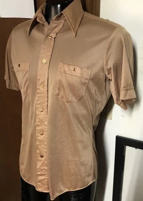Vtg 60s-70s Pointy Collar Shiny Light Brown Gold Tan S/S SHIRT Mens M Medium - Image 1 of 4