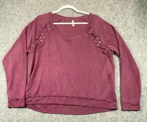 MUDD Womens Medium Red Shirt Long Sleeve Grommets Distressed Top V Neck Pullover - Picture 1 of 8