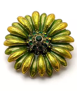Vintage Monet Enameled Green rhinestone Flower Brooch Gold tone 1980s fashion - Picture 1 of 7