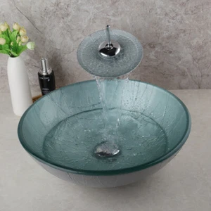 Juego de fregadero de baño del Reino Unido fregadero de vidrio templado fregadero de baño y grifos mezclador cromado - Imagen 1 de 8