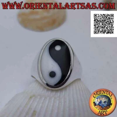 Anello in Argento 925‰ liscio con yin yang di madreperla e onice nell'ovale (pia - Immagine 1 di 4