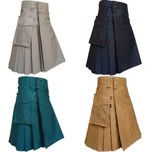 Scottish Black Cotton Utility 4 Colors Kilts For Sale Custom Size Available - Picture 1 of 17