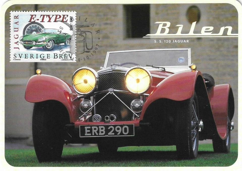 Jaguar E-Type Stam SS 120 Vintage Jaguar Classic Car Sweden Maxi FDC Card 1997 - Image 1 of 1