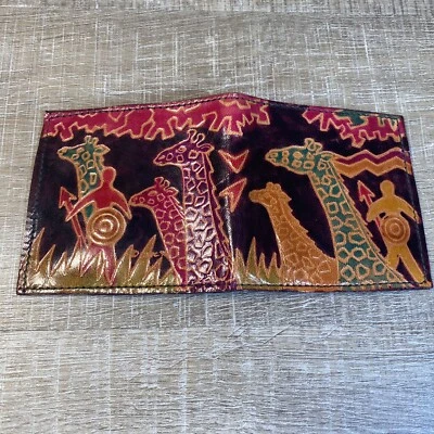 Leather Embossed Painted Giraffe Wallet Coin Pouch Women Men Unisex Africa Rare - Image 1 of 4