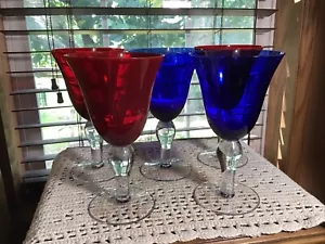 4 Artland Salute Blue And Ruby Beverage 8” Goblets Glasses 16 Oz - Picture 1 of 3