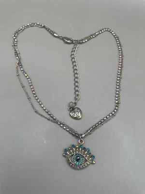 Antigo Pingente de Strass Olho do Mal Betsy Johnson 2 Fios Colar Tom Dourado LEIA - Imagem 1 de 4