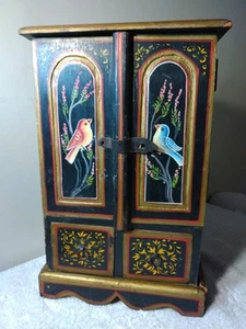 Vtg Fine Hd/Ptd Jewelry Wedding Wood Cabinet 14 Ptd Birds A/O 4 Drawers 15" T - Picture 1 of 18