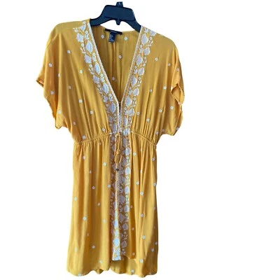 Forever 21 Embroidered Mini Dress Bohemian Festival Drawstring Yellow Size S - Image 1 of 4