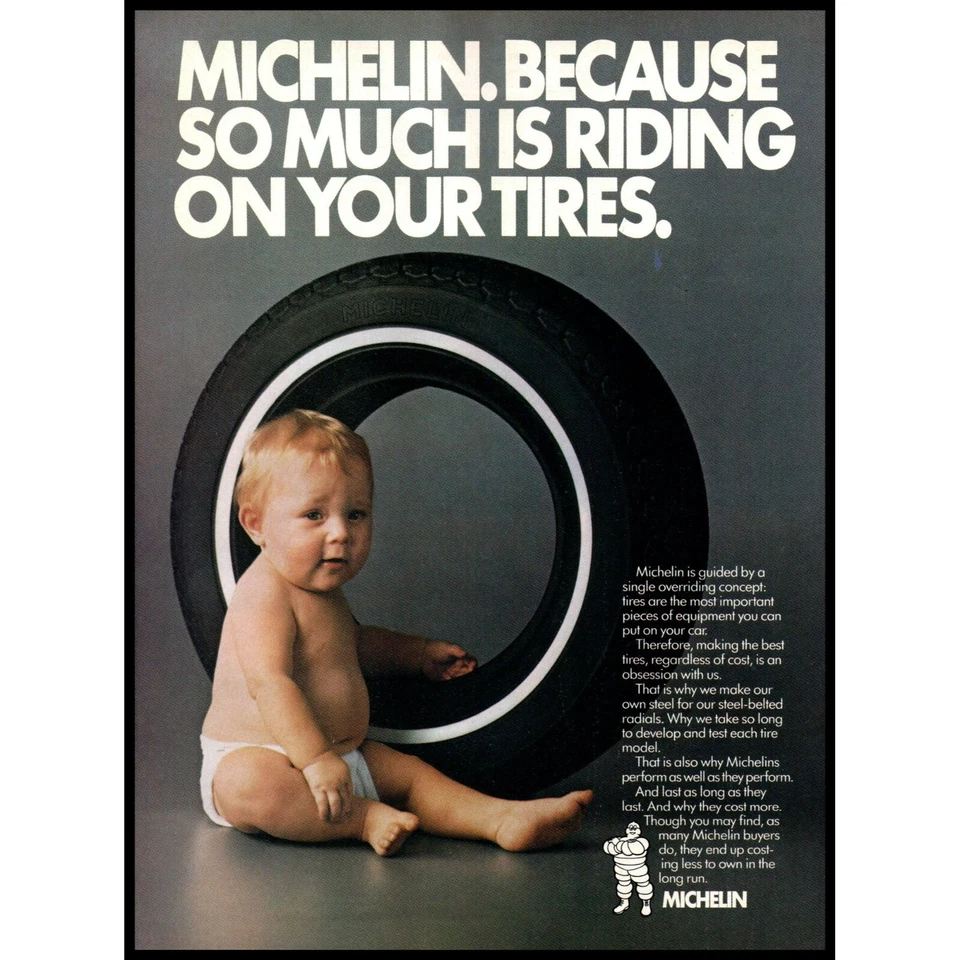 Neumáticos Michelin 1985 neumático radial anuncio impreso vintage bebé en pañal foto Bibendum Foto 1 de 1