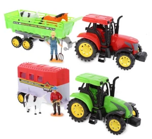 13 Inch Big Farm Tractor Friction Powered Truck Toy w/ Cowboy Cow Horse - 2 Pack - Picture 1 of 10