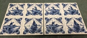 Lot Of 2 Vtg Blue Delft 6" Square Tile 4 Scenes Handpainted Windmills Holland - Picture 1 of 8