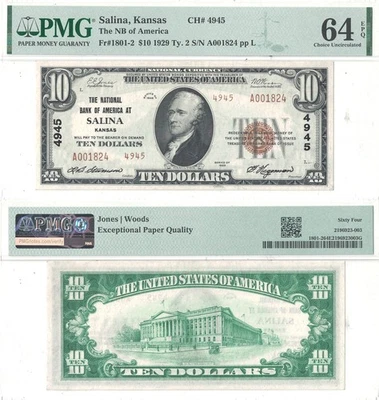 1929 $10 Salina, Kansas Charter 4945 PMG Choice CU-64 EPQ - Image 1 of 3