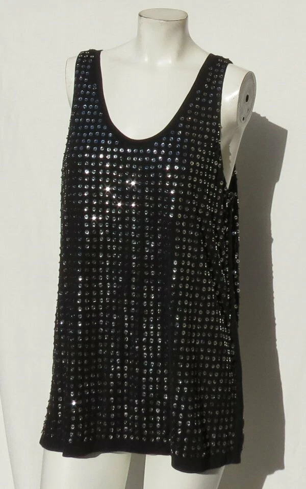 Camiseta sin mangas Diane von FURSTENBERG DvF negra plateada lentejuelas Fran Cupped EE. UU. L Foto 1 de 4