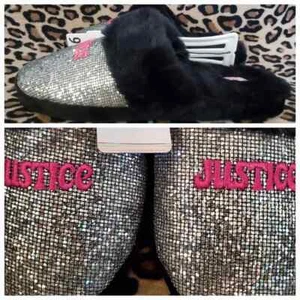 Justice Big Girls Black Glitter Slip-on Scuff Slippers Size 4/5 NEW W TAGS - Picture 1 of 7