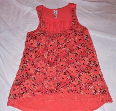 RANSOM SM ORANGE CROCHET OVERLAY RACERBACK TANK TOP FLORAL UNDERLAY HYLOW UNIQUE - Image 1 of 4