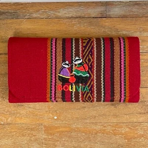 Vintage Bolivia Wallet Canvas Tapestry Tri- Fold Red & Stripe Ethnic Global NOS - Picture 1 of 5