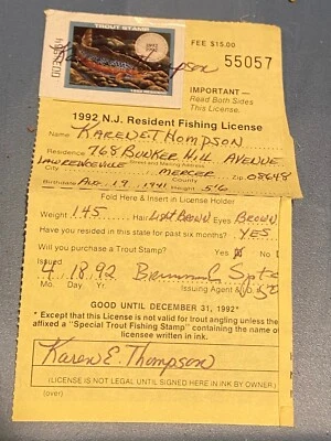 1992 N.J. Resident Fishing License w/Trout Stamp *Pre-Owned w/Wear* BT2 - Image 1 of 4