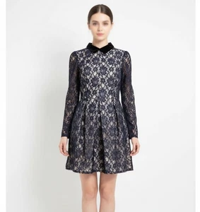 Jill Stuart Peter Pan Neck Lace Dress VELVET Petite XS BLAU Langarm Damen - Bild 1 von 15