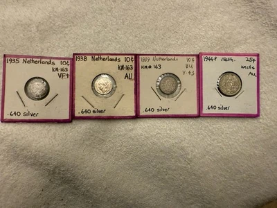 (4) Monedas de los Países Bajos - (3) 10 centavos 1935, 1938, 1939 - (1) 1944p 25C - Plata .64 Foto 1 de 4
