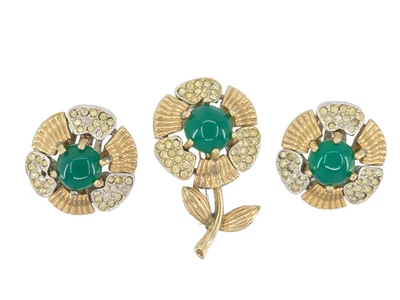 JUEGO DE PENDIENTES BROCHE FLOR CABUJÓN VIDRIO VERDE JOYA MARVELLA FIRMADO DE COLECCIÓN Foto 1 de 4