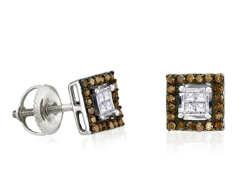 10K White Gold Chocolate Brown White Diamond Earrings Square Cluster Studs .33ct - Image 1 of 3