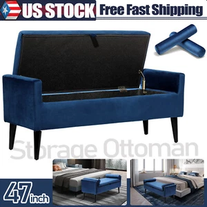 47 inches Velvet Ottoman Indoor Storage Bench Bedroom Bench w/arm Lumbar pillow - Picture 1 of 9