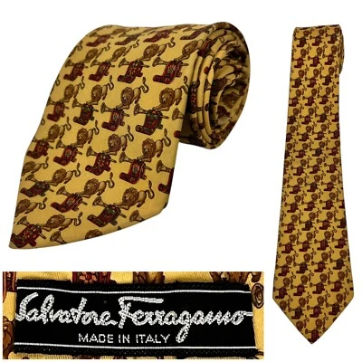 Salvatore Ferragano Tie Yellow 100% Silk Made In Italy Novelty 58” Lions Trumpet - Image 1 of 4