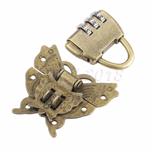 Antique Bronze Hardware Password Padlock Lock Key with Butterfly Box Latch Clasp Cover