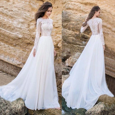 Sheer Long Sleeve Beach Wedding Dress Chiffon Bridal Gown Custom Size New - Image 1 of 4