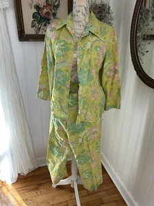 Vintage Sigrid Olsen Pants 10 Petite Green Pink Floral Linen Cropped Top 2 Pc M - Picture 1 of 10