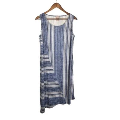 Chicos Womens Striped Asymmetrical Sleeveless Midi Dress Sz M Blue Coastal Comfy - Image 1 of 4