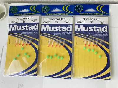 3 Mustad Piscator Bait Rigs Sabiki SPR-5G White Green Bead Size 10 / 15 LB Line - Image 1 of 3