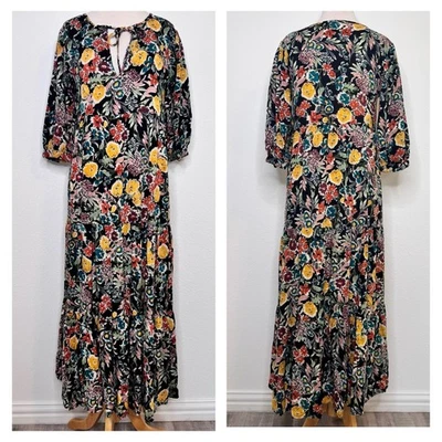 Maxi Vestido Natural Life Estampado Floral Negro Amarillo Boho Niveles Festival XS/S Foto 1 de 4