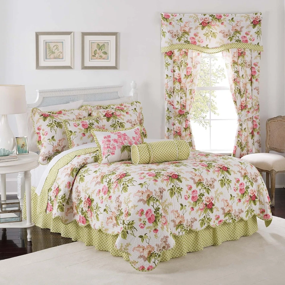Waverly Emma's Garden Blossom Pink Green Floral Full/queen Quilt Set 4pc