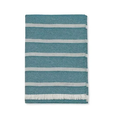 Cobertor Sferra Marice azul listra pavão franja lã seda Itália NOVO - Imagem 1 de 4