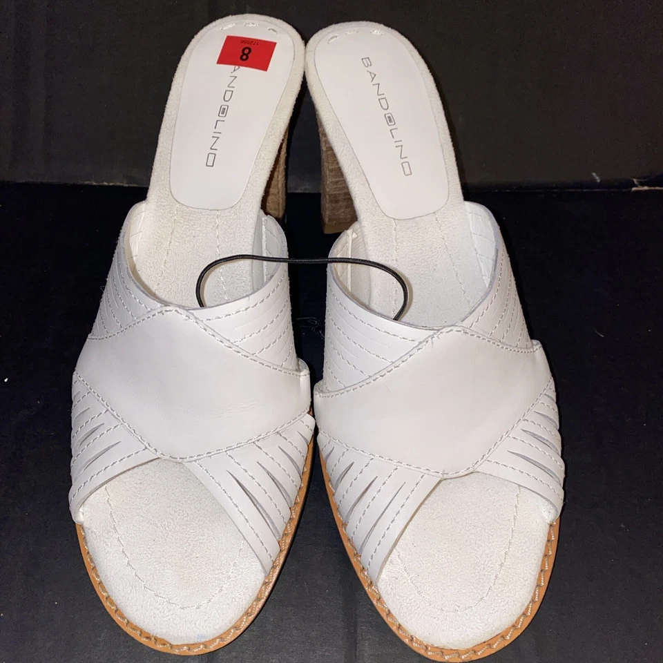 Sandalia de cuero blanco tacón alto punta abierta deslizable zapato talla 8 nuevo BANDOLINO para mujer Foto 1 de 4