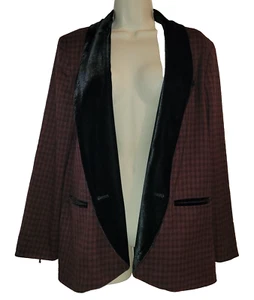 Free People XS Oversized Plaid Velvet Trim Blazer Red Black Check Button Jacket - Picture 1 of 24