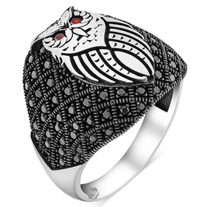 925 Sterling Silver Black Micro Stone Owl Men's Ring - Picture 1 of 5