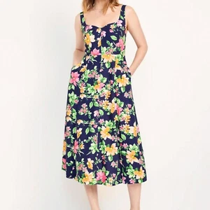 Old Navy Womens Linen Blend Midi Dress Navy Blue Floral Spring Size XL Tall - Picture 1 of 5
