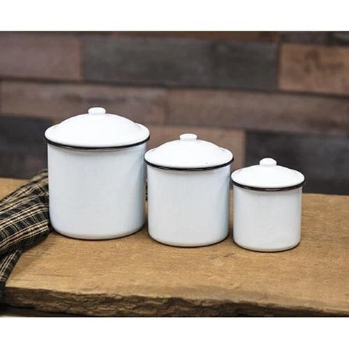 3 pc Primitive BLACK WHITE ENAMELWARE CANISTERS Set Farmhouse Cottage Rim NEW - Image 1 of 1