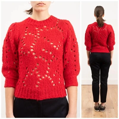 Isabel Marant Etoile Red Sinead Pointelle Sweater 36 SMALL 4 Crochet Puff Sleeve - Image 1 of 4