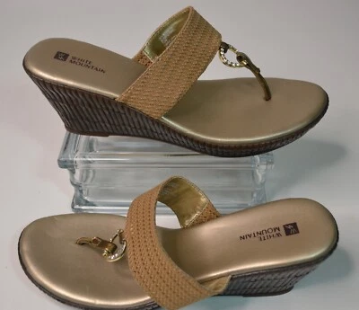 Sz 10M WHITE MOUNTAIN Women's Thong Wedge Sandal  Gold Rhinestones - Image 1 of 4