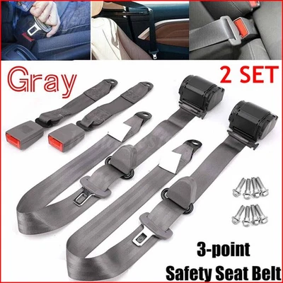 2 Retractable 3 Point Safety Gray Seat Belt Straps Vehicle Adjustable Belt Kit Foto 1 de 4