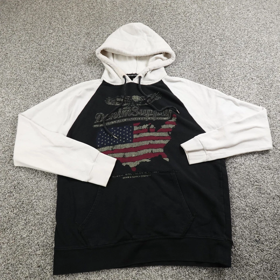 Moletom Ralph Lauren com capuz masculino XL preto logotipo bandeira dos EUA denim suprimento pulôver - Imagem 1 de 4