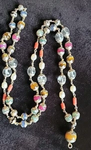 Vintage Necklace Artisan Made OOAK Semi Precious Gem Beads Coral Pearl 24" Boho - Picture 1 of 4