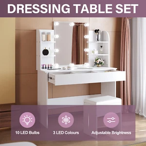 White Dressing Table Lighting Vanity Mirror Dresser Bedroom Furniture Makeup - Picture 1 of 19