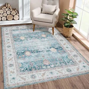 GlowSol Vintage Blue Boho Area Rug, 9x12, Washable, Floral Accent, Retro Flor... - Picture 1 of 8