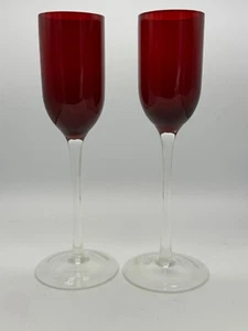 2 glass, Ruby red , Aperitif glasses, clear stem , 8 1/4" high - Picture 1 of 10