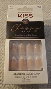 KISS CLASSY 28 pcs PRESS ON NAILS Glossy Almond French Nude Medium #89125 CS04 - Picture 1 of 2