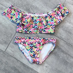 Girls Dolphin Love Swimsuit Size 14 Two Piece Off Shoulder Ruffle Chevron - Picture 1 of 8